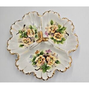 Vintage Nappy 3 Segment Candy Trinket Dish Gold Gilded Porcelain Handled Scallop